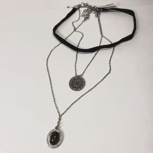 Silver-tone Set of 3 Black Velvet Choker Necklaces w/ Stone & Filigree Pendant